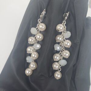 Vintage Faux Pearl Bead Opaque White Glass Silver Tone Dangle Drop Clip Earrings